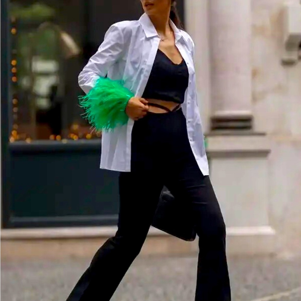 Green Feathers on the Cuffs Womens Blouses